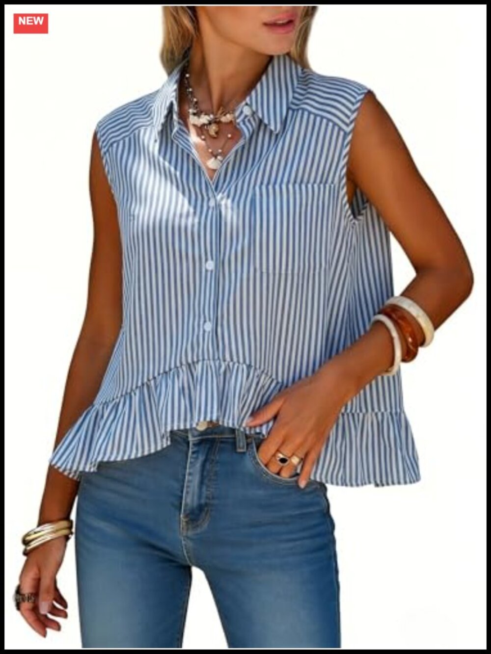 Sleeveless Faux Linen Striped Peplum Crop Top Button Down Summer